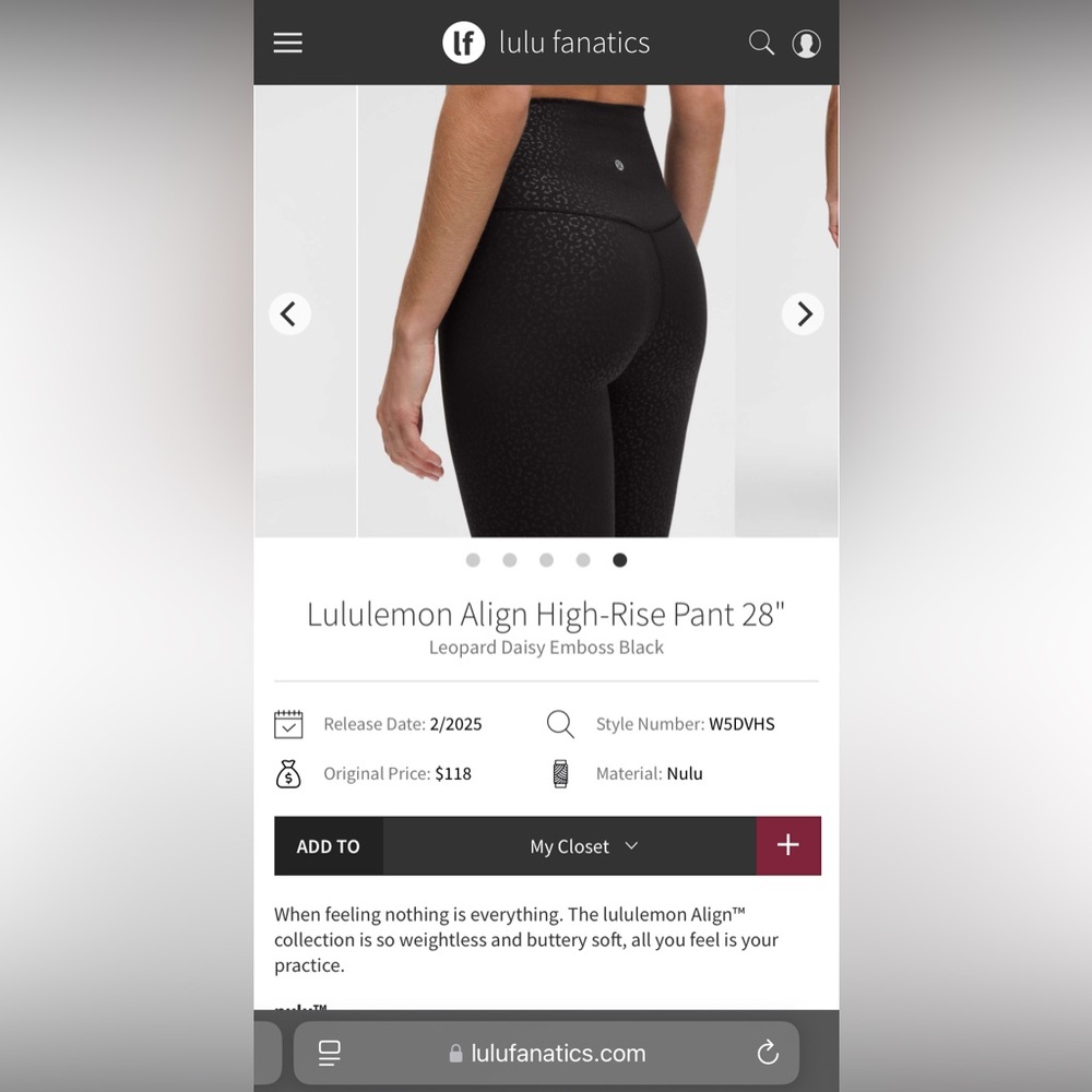 NWT Lululemon Align High-Rise Pant 28"
Leopard Daisy Emboss Black